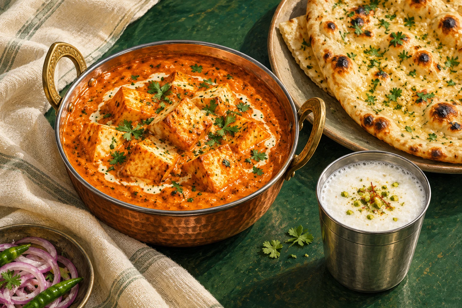 Food illustration of paneer curry, naan and lassi