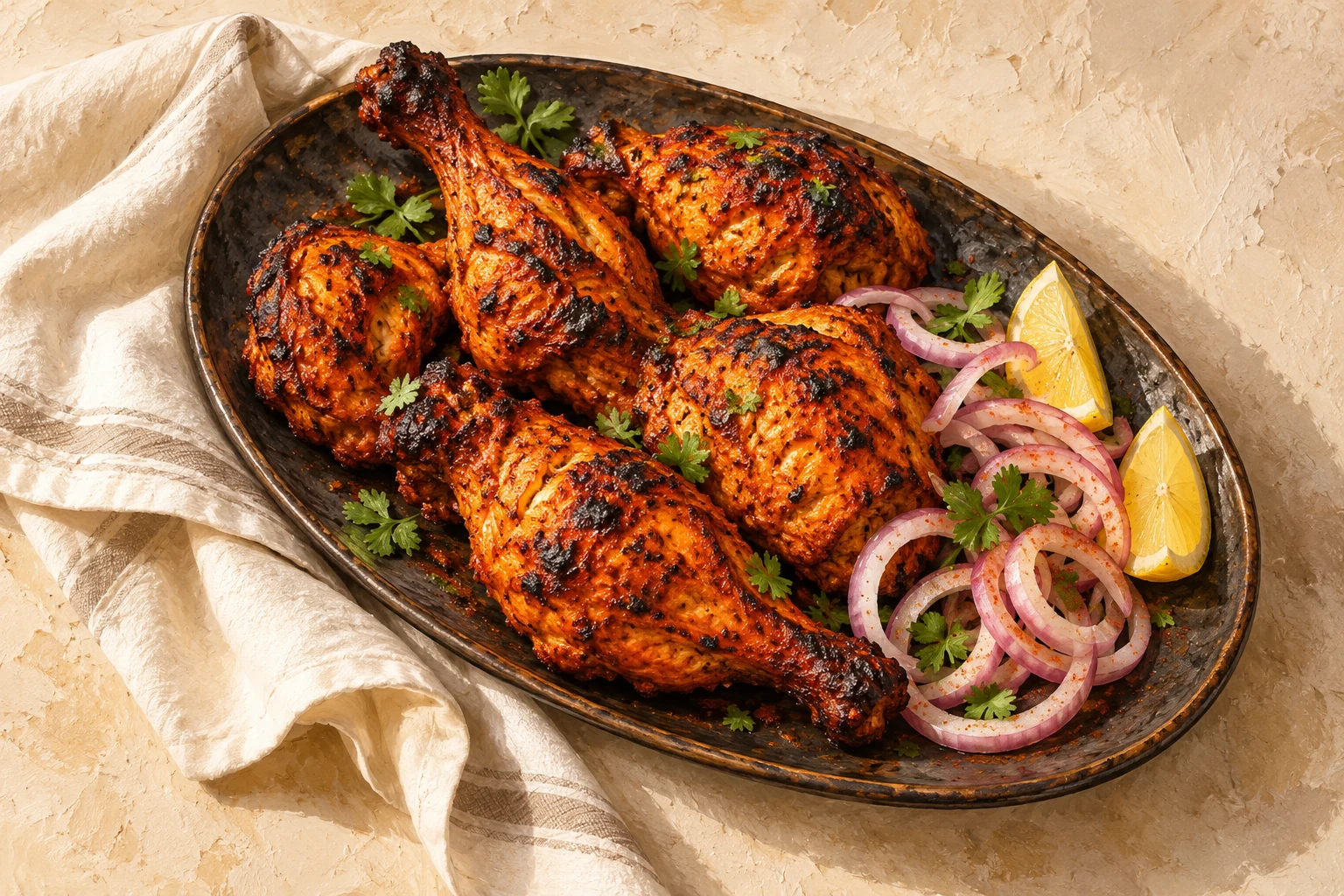 Illustration of tandoori chicken with lemon and onion